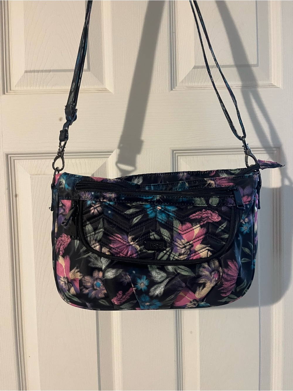 Lug Mambo Floral Crossbody Shoulder Bag - Black with Pink & Blue Flowers
